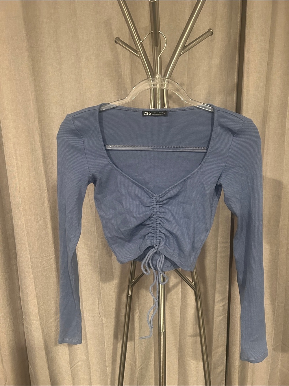 Zara Dusty Blue Ruched Front Long-Sleeve Crop Top